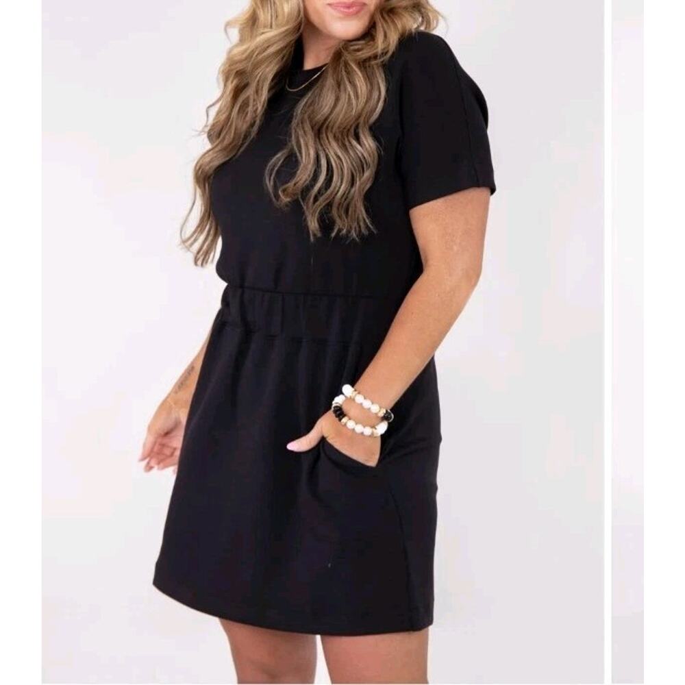 Spanx AirEssentials Black Short Sleeve Cinched Waist T Shirt Dress XL Athleisure